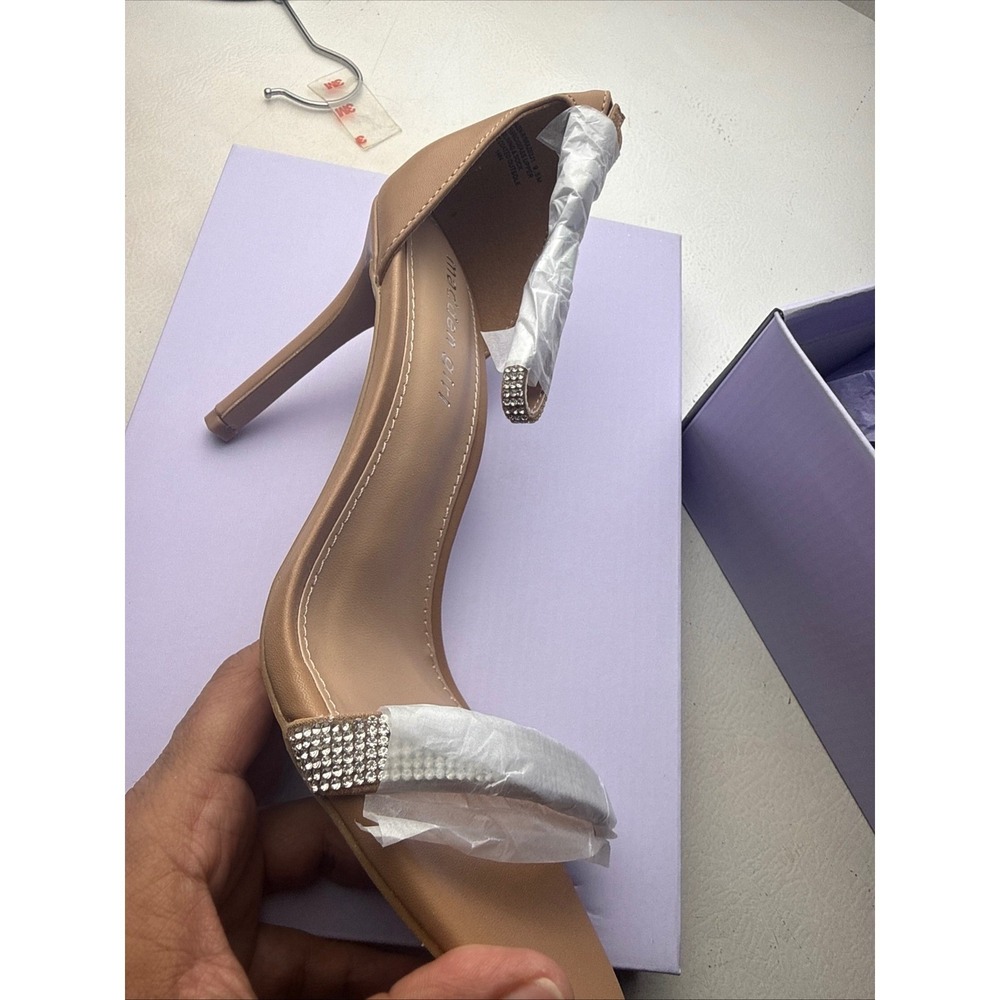 Madden Girl Beella-R Tan Rhinestone Ankle Strap Stiletto Dress Sandals Size 9
